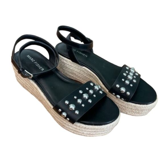 Marc Fisher Joyce Platform Espadrille Sandals Black Vegan Leather Silver Stud An - Picture 3 of 10